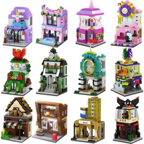 City Miniature Views Mini Street Coffee Shop Model Building Blocks Kits Bricks Kids Toys Girls Boys Flower Food Retail Store
