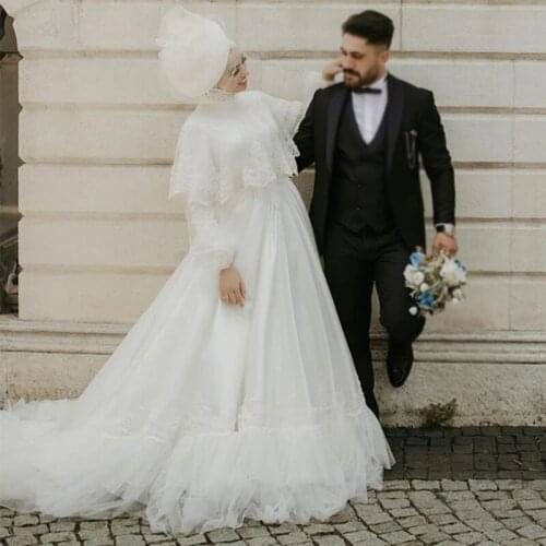 YiMinpwp Muslim White Wedding Dresses With Wrap High Neck Long Latern Sleeve Lace Appliques Bridal Gown vestidos de novia