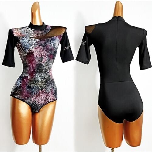 Latin Dance Clothes Women Leotard Print Mesh Short Sleeve Tops Ballroom Dancing Performance Costume Salsa Tango Tops VDB3061