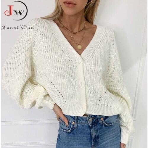Solid Casual Women Cardigan 2021 Long Sleeve V-neck Autumn Winter Warm Knitted Sweater Short Knitwear Coat Pull Femme Jumper