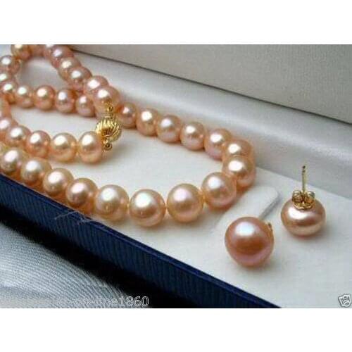 Wholesale price 7-8MM Pink Genuine Natural Akoya Cultured Pearl Necklace 18" + Earring Set