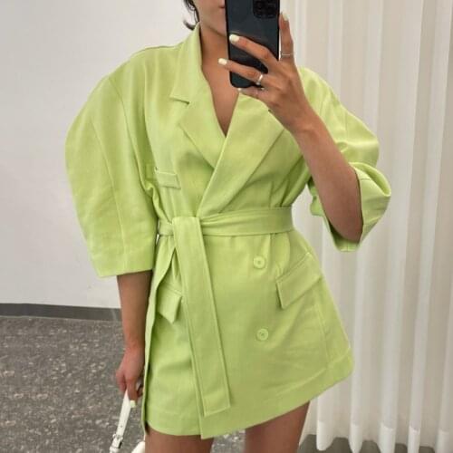 Korean Chic Summer Temperament Lapel Double-Breasted Design Sense Tie Waist Loose Puff Sleeve Suit Jacket Women