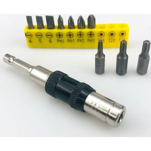 1/4 "Hex Magnetic Adjustable Screw Drill Tip Bit Drive Guide Extension Rod Connecting Rod Wood Tool +10pcs HSS Drill Bits