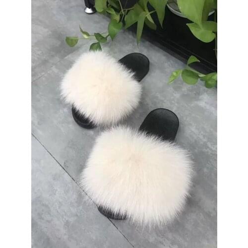 Ladies Summer Real Fox Fur Slippers Furry Fur Slippers Cute Fluffy Fur Slippers Fox Fur Slides Plush Slippers Luxury Slippers