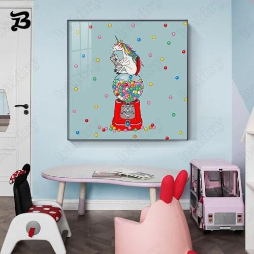 Modern Japanese Canvas Painting Tea Cup Colorful Candy Unicorn Posters and Prints Wall Pictures for Living Room Bedroom Decor