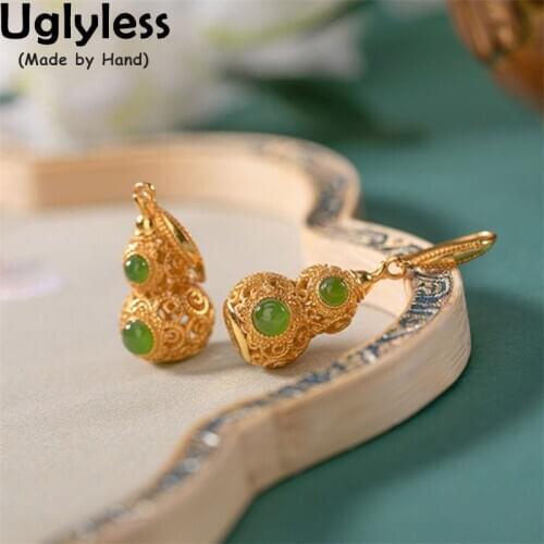 Uglyless Luxury Gold Filigreed Hollow Gourds Necklaces Earrings for Women Jade Agate Turquoise Pendants 925 Silver Jewelry Sets