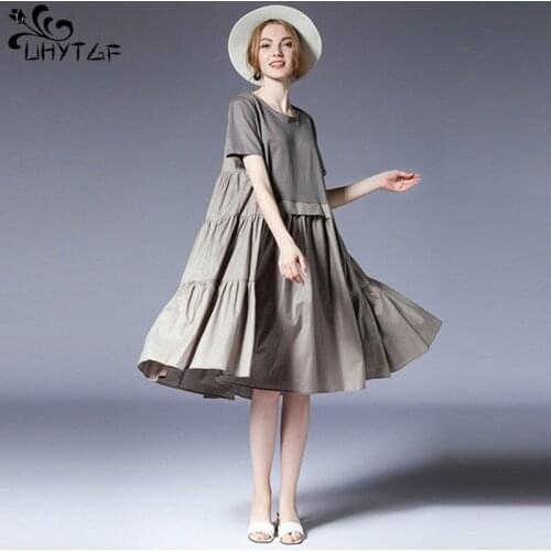 UHYTGF Summer Dress Women Temperament Loose Patchwork Plus Size Dress Femala Fashion Black Pullover Short Sleeve Dresses 991