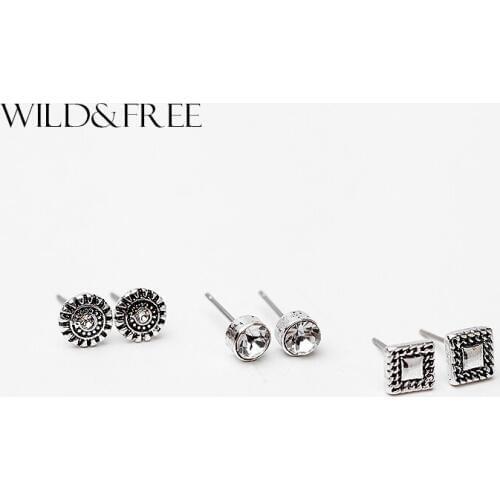 WILD & FREE Vintage 3 Pairs/Set Rhinestone Small Stud Earrings Set For Women Punk Square Round Geometry Ear Studs