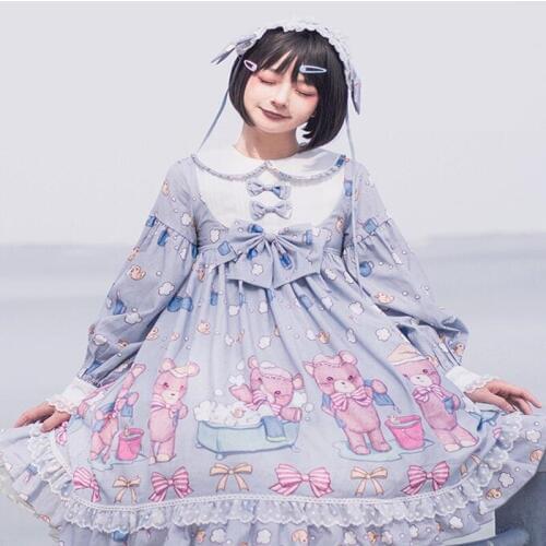 Japanese sweet lolita dress vintage lace bowknot peter pan collar cute printing victorian dress kawaii girl gothic lolita op cos