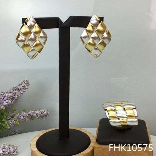 Yuminglai Russian Elegant Design Two Tones Luxury Jewelry Sets Earrings & Rings FHK10575