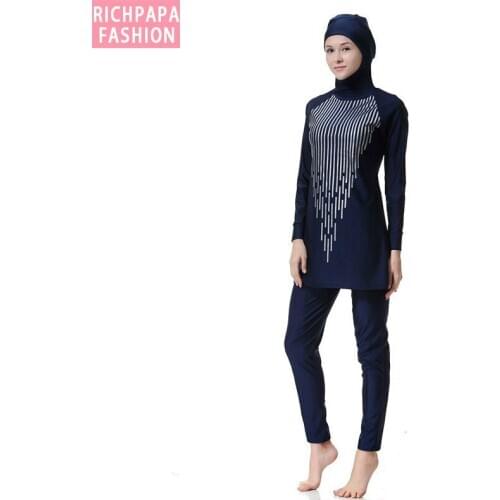 Women Stripe Printed Muslim Swimwear Muslimah Islamic swimwear Hijab Modest Swimsuits Plus Size Swim Wear Burkinis