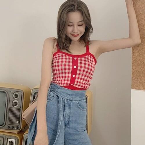 Tops Women Knitted Plaid Straps Camis With Buttons Club Seey Female Tank Tops Sleeveless Crop Tops Sweet Chic Tee shirts Crop
