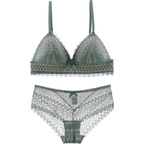 Wireless Bras Green for Women Lingerie Lace Sexy Bralette Mid Rise Panty Bohemian Style Clothing