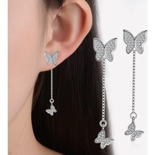 Butterfly Rear Hanging Long Tassel Earrings Women Japan and South Korea Simple Fashion Set Diamond Earrings Stud Earrings