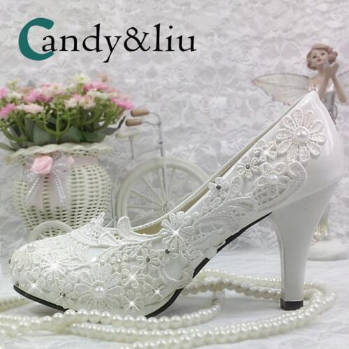 White Lace Flower Wedding Shoes Applique Chunky Heel Slip-on Round Toe with Platform Women Pumps for Party Banquet Bridesmaid