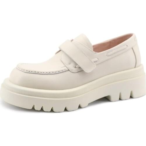 100% Genuine Leather Platform Flat Shoes Punk Women Spring Autumn Round Toe Flats Street Style Female Black White Casual Shoes