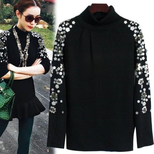 New beaded black turtleneck sweater bottoming sweater woman