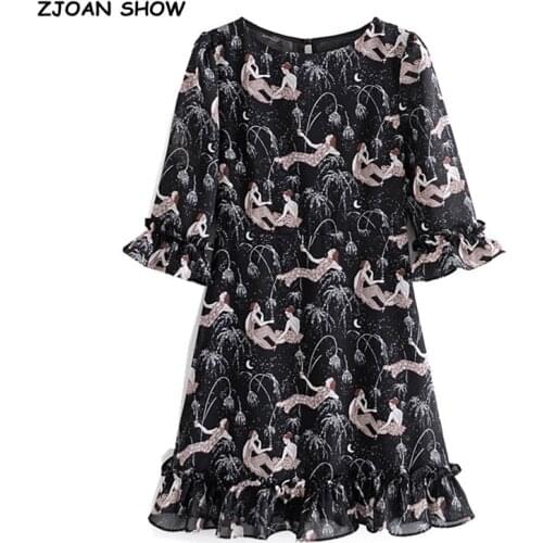 2021 Summer Vintage Beauty Girl Print Black Ruffles Hem Short Dress Retro Holiday Women Half Sleeve O Neck Summer Dress