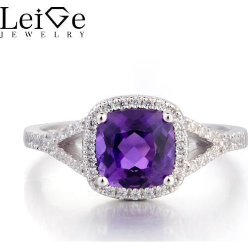 Leige Jewelry Engagement Ring Natural Amethyst Ring Cushion Cut Purple Gemstone 925 Sterling Silver Ring February Birthstone
