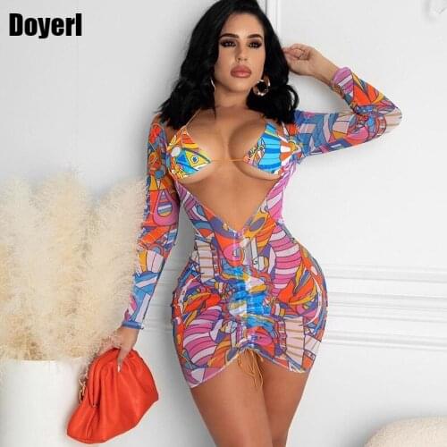 2 Pcs Sheer Mesh Beach Print Party Dress Women Deep V Neck Long Sleeve Drawstring Bodycon Mini Dress Sexy Club Vacation Outfits
