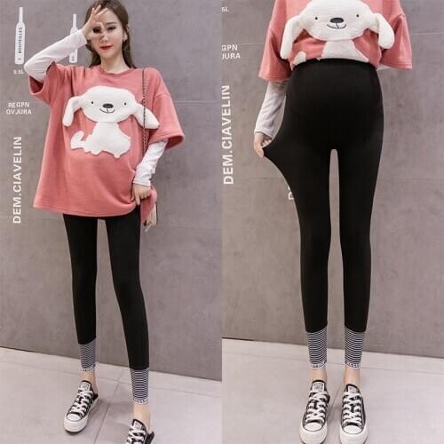 006# Maternity Clothes Cotton Stretch Slimming Striped Maternity Leggings Adjustable Elastic Waist Pencil Pants