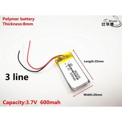 3 line Good Qulity 3.7V,600mAH,802035 Polymer lithium ion / Li-ion battery for TOY,POWER BANK,GPS,mp3,mp4