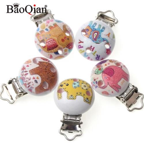 5Pcs Wooden Metal Baby Pacifier Clips For Holders Round Clasps Suspender Children Garment Accessories 29x45mm