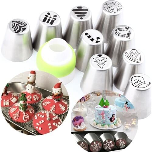 Christmas 9Pcs Russian Icing Piping Pastry Nozzles Tips And 1Pcs Coupler Converter Stainless Steel Pastry Baking Confectionery