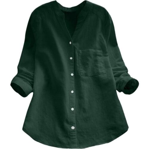 Casual Solid Womens Blouses Cotton Linen Long Sleeve Shirts Button Spring V-neck Tunic Tops For Women Blusas Mujer De Moda 2021