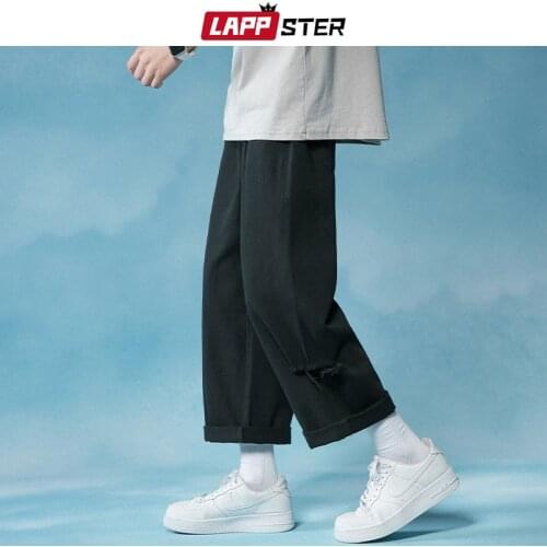 LAPPSTER Men Korean Wide Legs Ripped Cargo Pants 2021 Spring Mens Solid Streetwear Casual Baggy Joggers Hip Hop Fashion Trousers