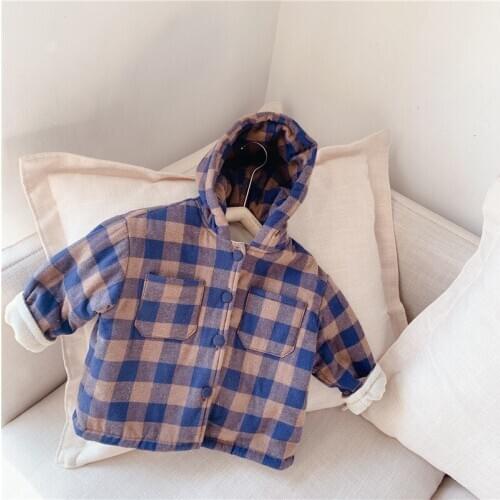 2020 Childrens Clothing Autumn and Winter New Childrens Korean Warm Coat for Girls Toddler Plaid Hooded Coat Cotton Outwear