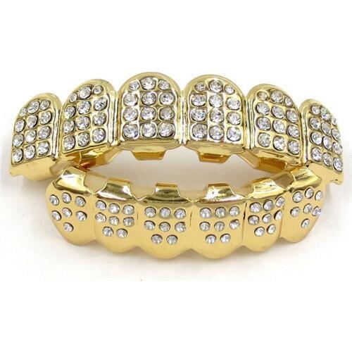 Hip Hop Custom Fit Gold Color Teeth Four Hollow Open Face Gold Mouth Caps Top & Bottom Grill Set Party Gift #232055
