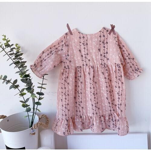 Girls Cotton Dress New Long-Sleeve Cute Floral Printed Children Princess Dresses WT313