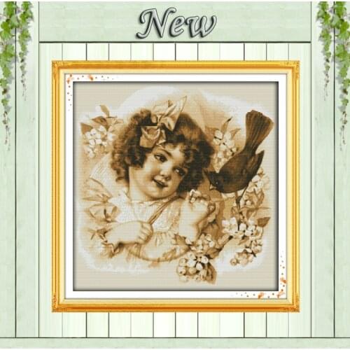 Lovely girl baby bird flower paintings Decor counted printed on canvas DMC Cross Stitch kits 11CT 14CT needlework Set embroidery