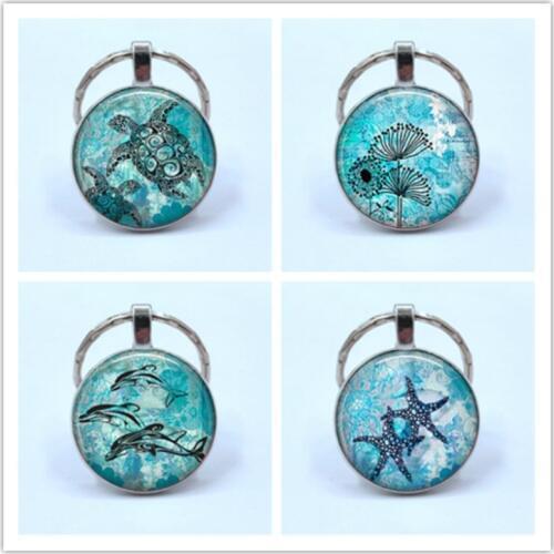 Blue Ocean Starfish Turtle dolphin Key ring Jewelry Classic Glass Cabochon Keychain & Pendants Fashion Fine Jewelry For Women