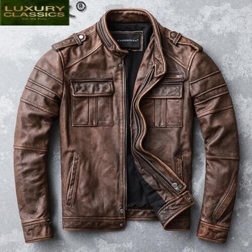 Fashion Real Cow Leather Jacket Men Vintage Stand Collar Streetwear Coat Mens Clothing Motorcycle Jackets Chaqueta Moto