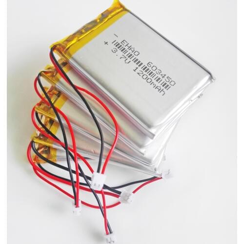 5 pcs JST 1.25mm 2pin 3.7V 1200mAh li polymer lithium rechargeable battery for GPS DVD bluetooth recorder e-book camera 603450