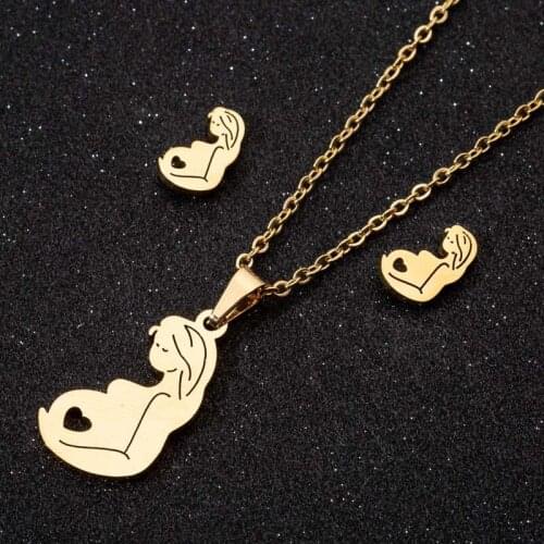 Lyvior Pregnant Woman Necklace Set Stainless Steel Jewelry Three-piece Set Mothers Day Gift Mother-to-be Pendant Necklace Ear
