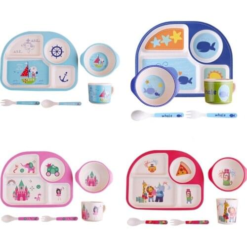 5 Piece Toddler Kids Bamboo Dinnerware Set Cartoon Animal Food Plate Feeding Dishes Bowl Spoon Fork Cup Tableware Gifts 67JB
