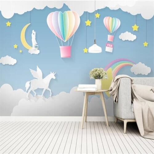 Custom Mural Wallpaper Cartoon Children Room Hot Air Balloon Stars Moon White Clouds Background Wall Painting