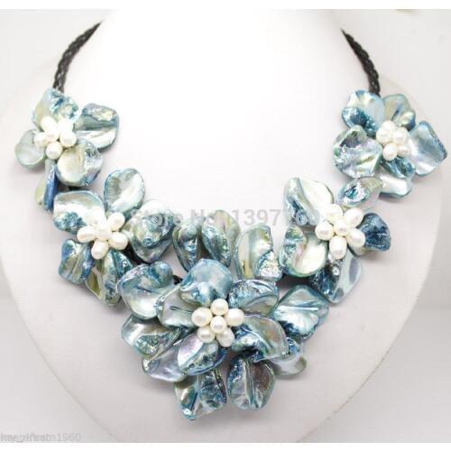 Miss charm Jew.124 new blue mother of pearl shell flower necklace 18"long