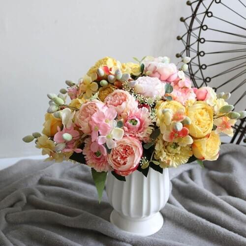 2020 new 30 cm rose pink silk bouquet peony fake flower 5 big head 4 small bud bride wedding home decoration fake flower artific