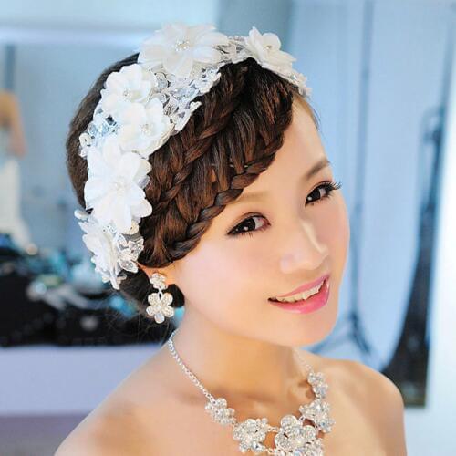 Charming Bridal Tiaras Headband Handmade Imitation Pearl Lace White Flower Wedding Accessories Hair Jewelry YWDH01