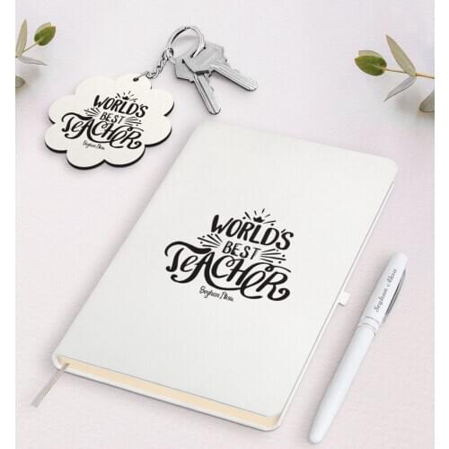 Personalized World Best Teacher White Notebook Pen And Keychain Gift Seti-30