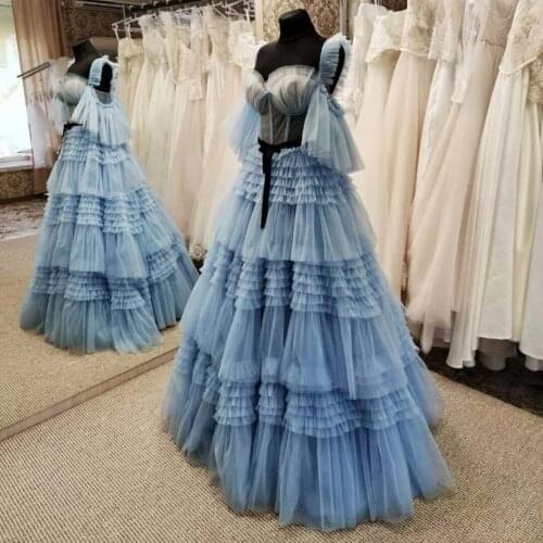 Vestidos de fiesta Blue Tulle Prom Dress 2022 Newest Ruffled Tiers Pretty Women Evening Dresses Customized Arabic Formal Gowns