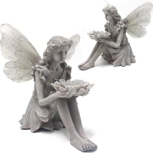 Sunflower Fairy Sculpture Statue Solar Glowing Wings Decor Outdoors Garden Resin Ornaments Fairy Bird Feeder