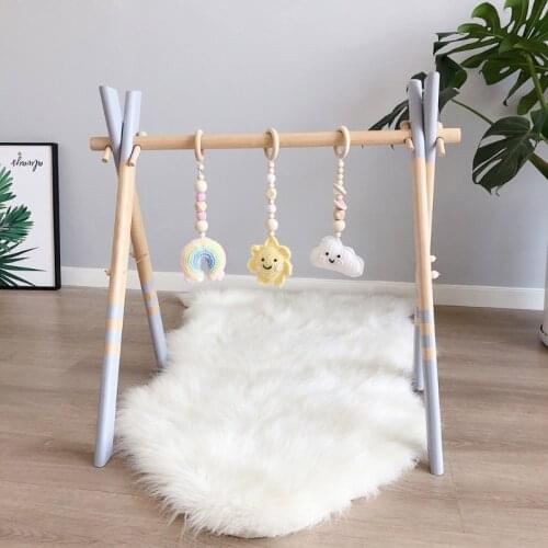 R7RB 3 Pcs/Set Baby Gym Frame Pendants Crochet Sun Cloud Rainbow Rattles Wooden Ring