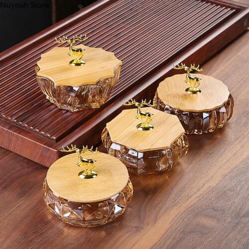 Golden Elk Wooden Cover Glass Ashtray Creative Personality Home Storage Box Storage Jar Living Room Decoration Accessories