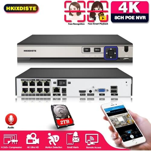 AI face Detection Recognition 48V POE NVR 8CH 5MP/4MP 1080P Audio Surveillance Security Video Recorder For POE IP Camera ONVIF
