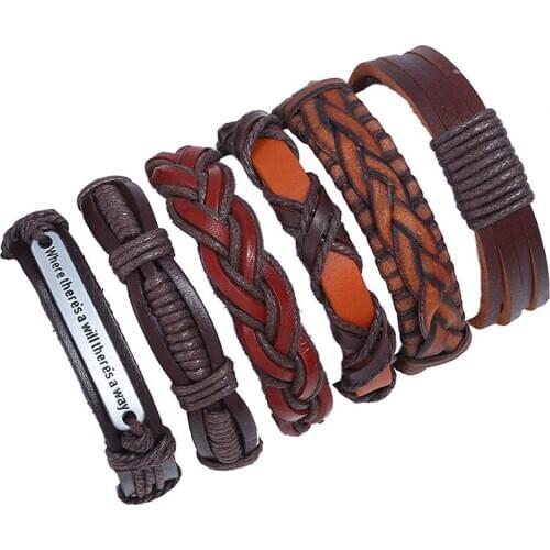 Vintage Red Brown 6 Pcs/set Alloy Way Words Charm Handmade Woven Women Leather Bracelets Men Homme Femme Male Gift Jewelry